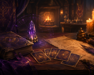 Gemütlicher Fantasy-Schreibtisch mit Buch, Sammelkarten und violett-goldenem Licht als Symbol für die Webseite witichind.online.