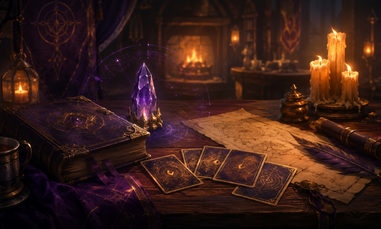 Gemütlicher Fantasy-Schreibtisch mit Buch, Sammelkarten und violett-goldenem Licht als Symbol für die Webseite witichind.online.